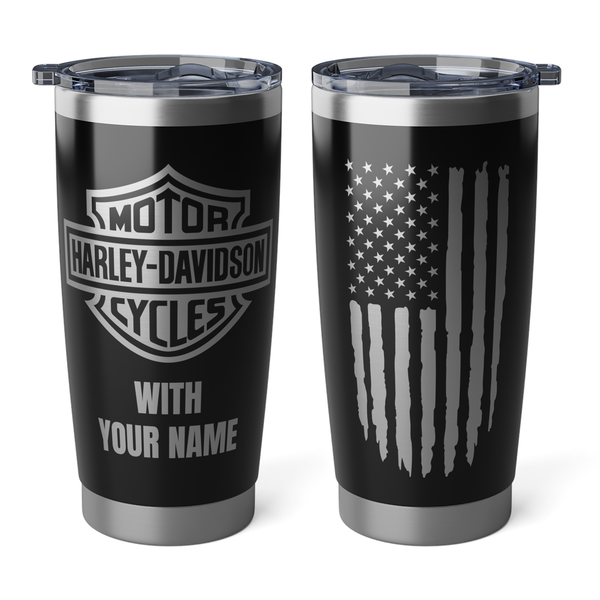 Harley Davidson Logo and USA flag 20oz 2 Sided Insulated Tumbler with your Name