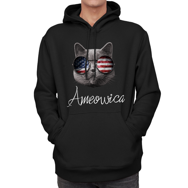 Ameowica the Great Hoodie Funny patriotic USA Cat Sunglasses Flag Hooded Sweatshirt - T-Public