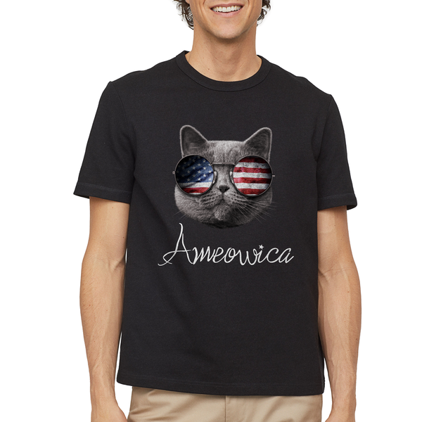 Ameowica the Great T-shirt Funny patriotic USA Cat Sunglasses Flag Tee - T-Public